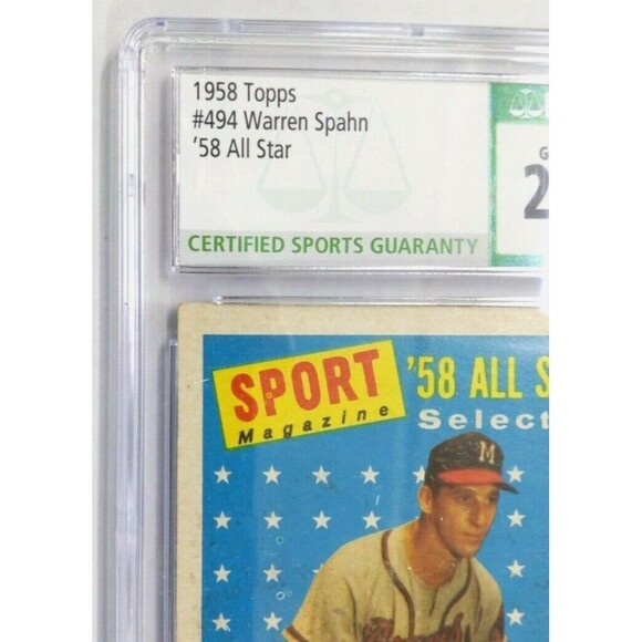 1958 Topps All Star - Warren Spahn - #494 Milwaukee Braves - CSG: 2.5 Good + - Picture 2 of 10